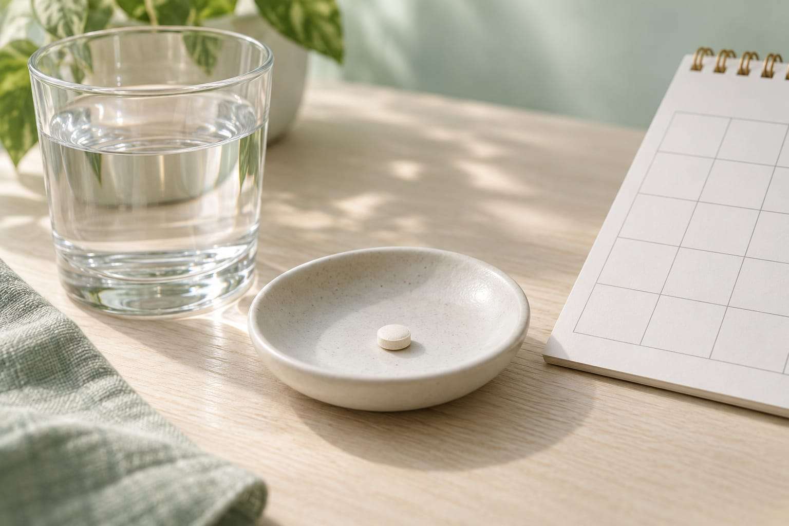 A small tablet on a white dish beside a glass of water and a blank calendar page on a table