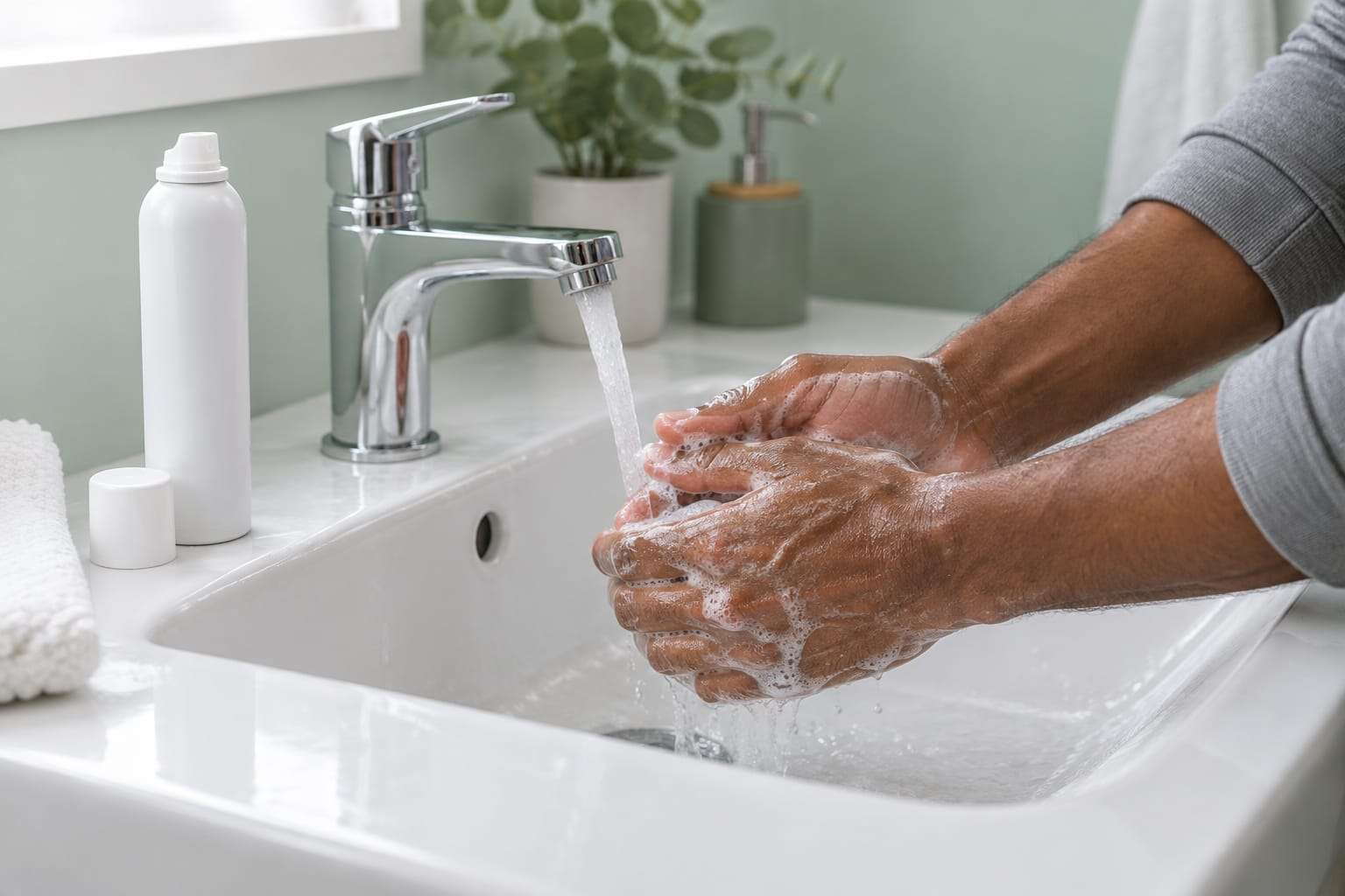 A man's hands being rinsed under a running tap at a white basin, with a white foam can with a blank label standing on the edge of the basin