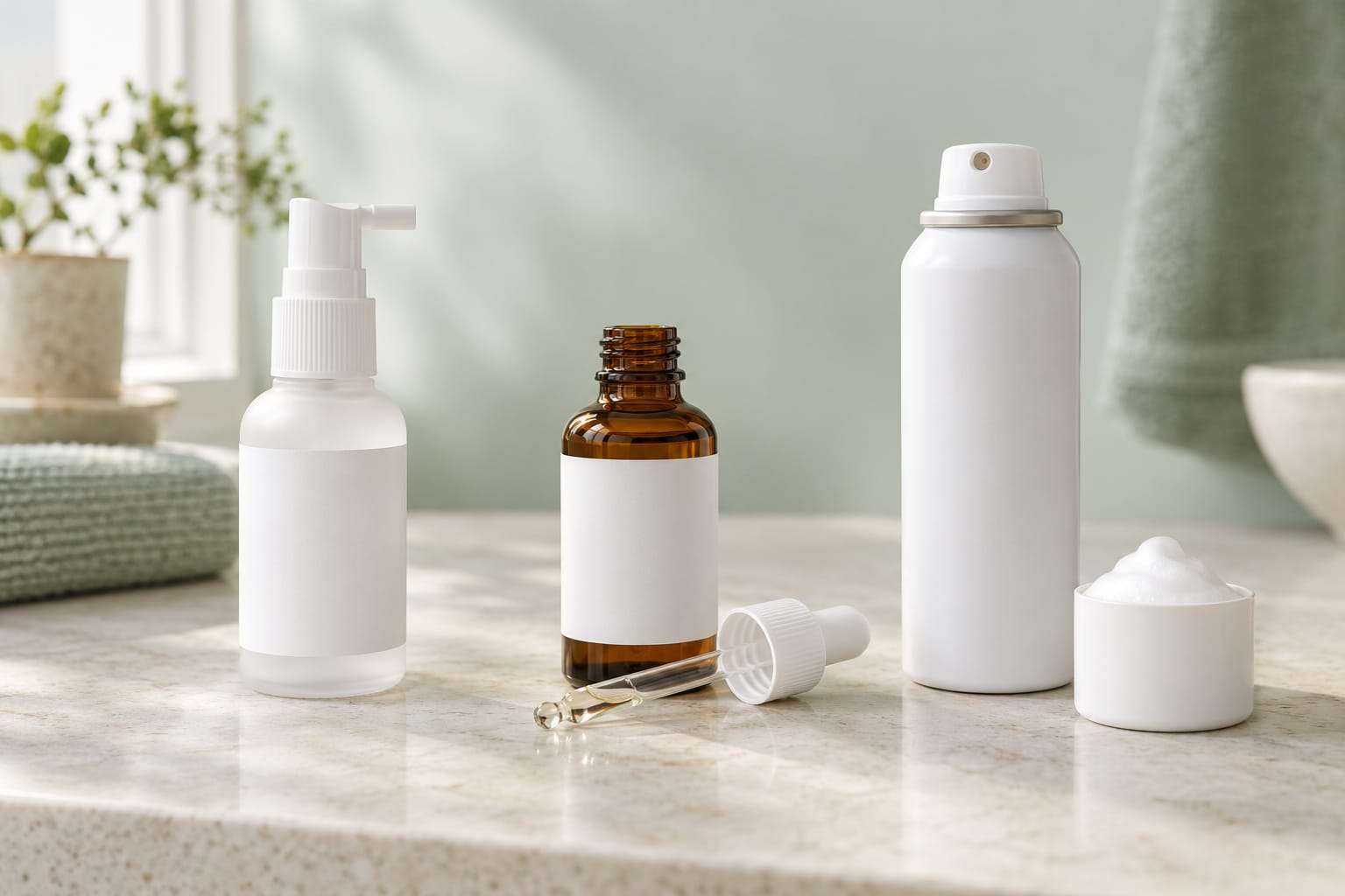 A small bottle with a white pump top, an amber bottle with its glass dropper lying beside it, and a white foam can next to its upturned cap half filled with foam