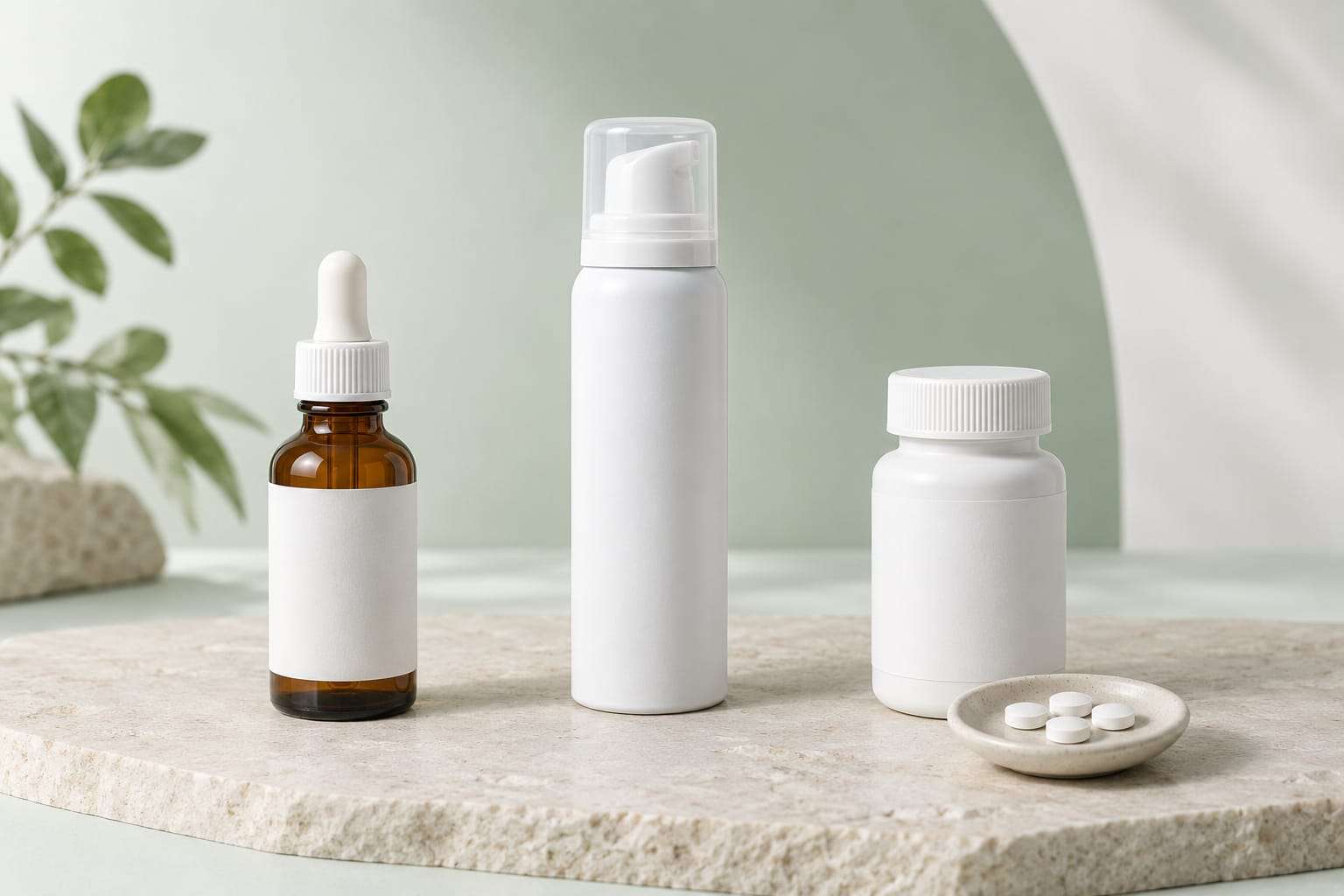 An unbranded dropper bottle, a foam can and a tablet bottle with a few tablets in a dish: the three forms of minoxidil