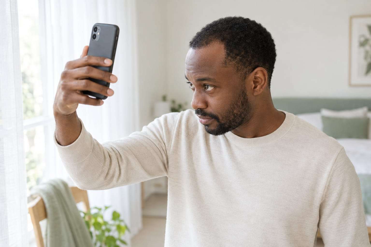 A man in a cream sweater holding a phone in front of his hairline beside a bright bedroom window
