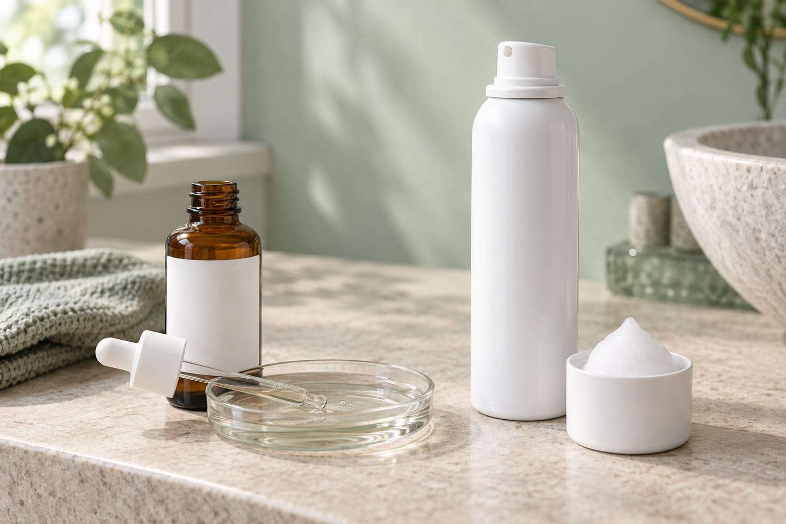 An amber dropper bottle with its pipette resting on a glass dish of clear liquid, next to a white aerosol can and an upturned cap holding a small mound of foam