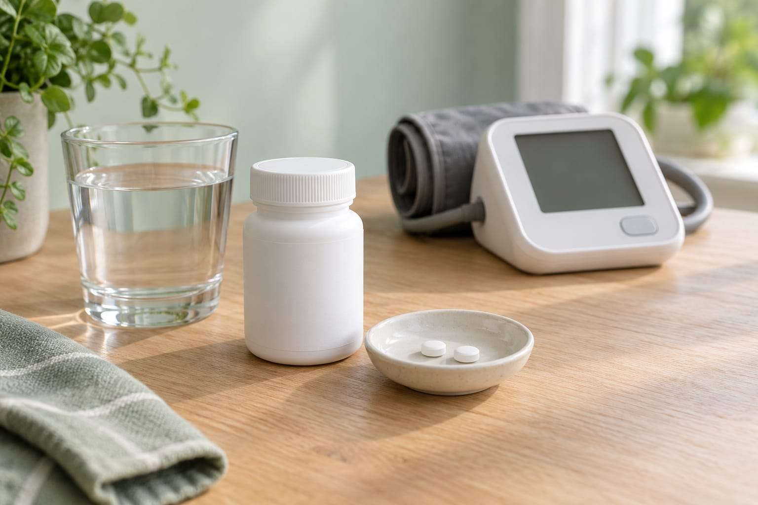 A small white tablet bottle with a blank label, two round white tablets on a ceramic dish, a glass of water and a home blood-pressure monitor with its cuff rolled up