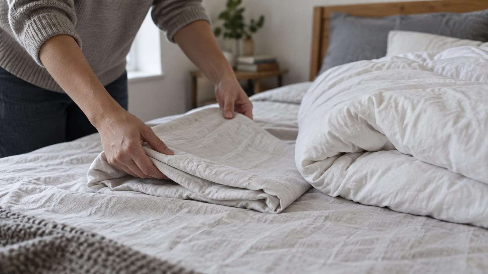 Hands folding a light bed cover beside a thicker duvet and knitted blanket