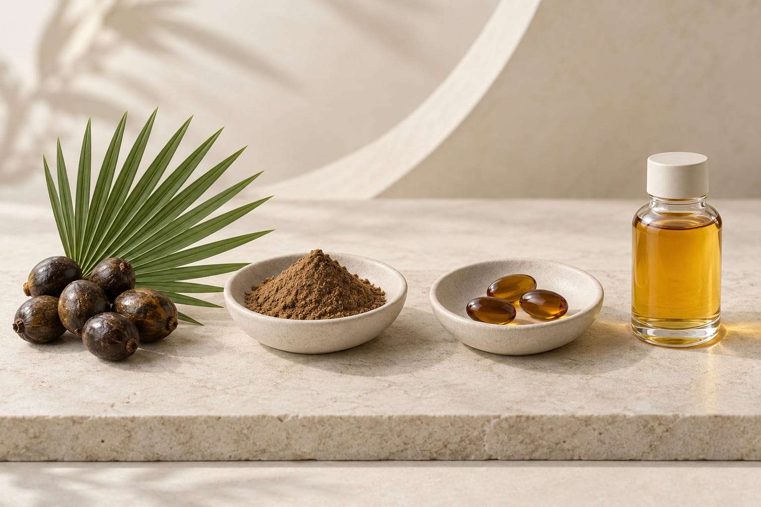 Saw palmetto berries and a palm frond beside bowls of brown powder, amber softgels and golden oil
