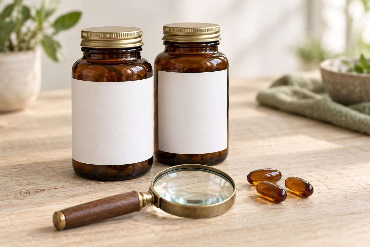 Two amber supplement bottles with blank white labels, a magnifying glass and three softgel capsules on a pale wooden table