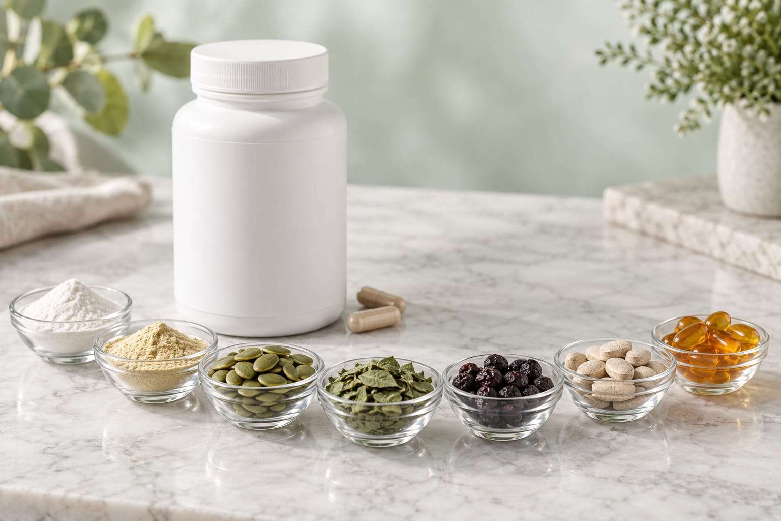 A plain white supplement bottle behind small glass bowls containing powders, seeds, leaves, tablets and capsules