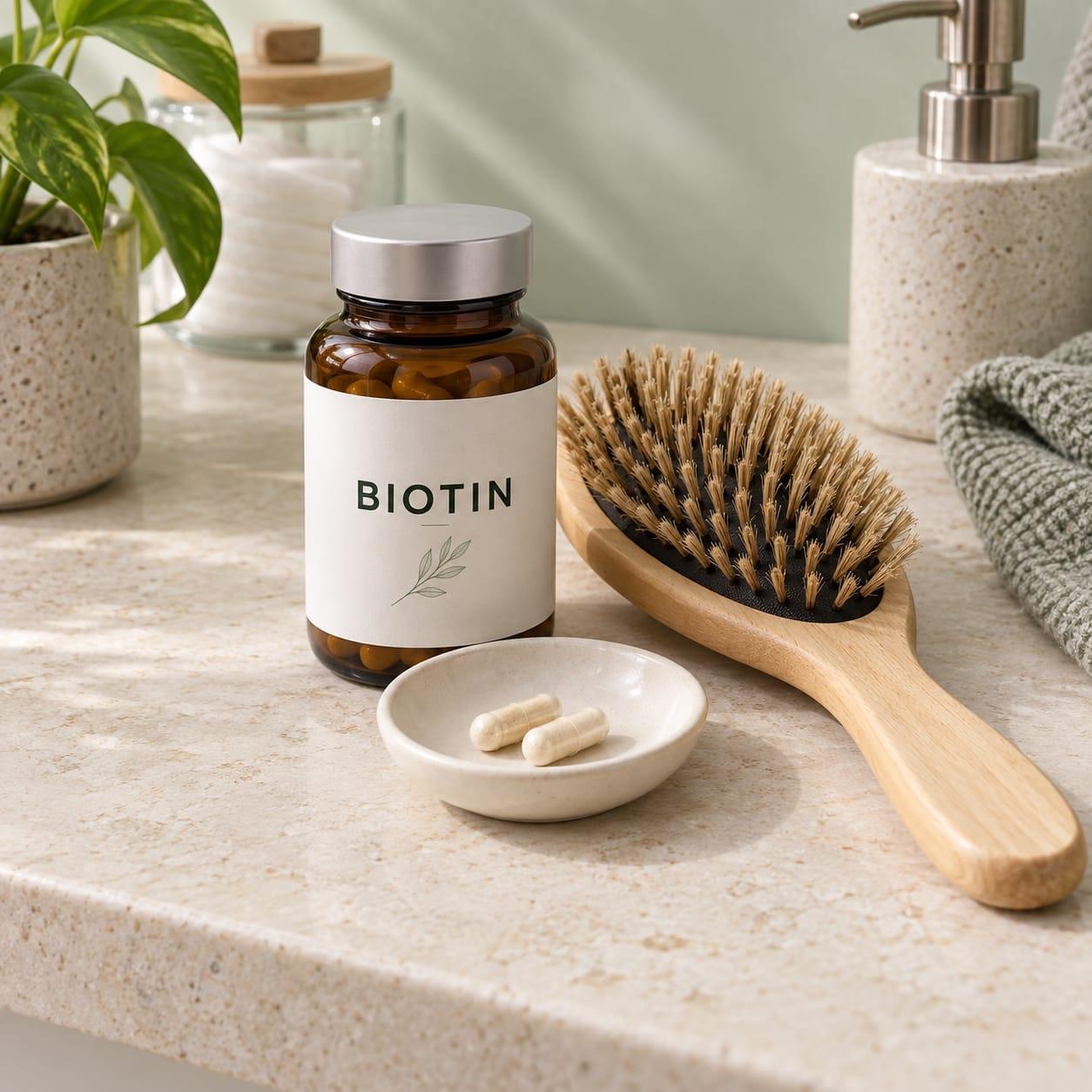 A generic biotin bottle beside two capsules in a ceramic dish and a wooden hairbrush