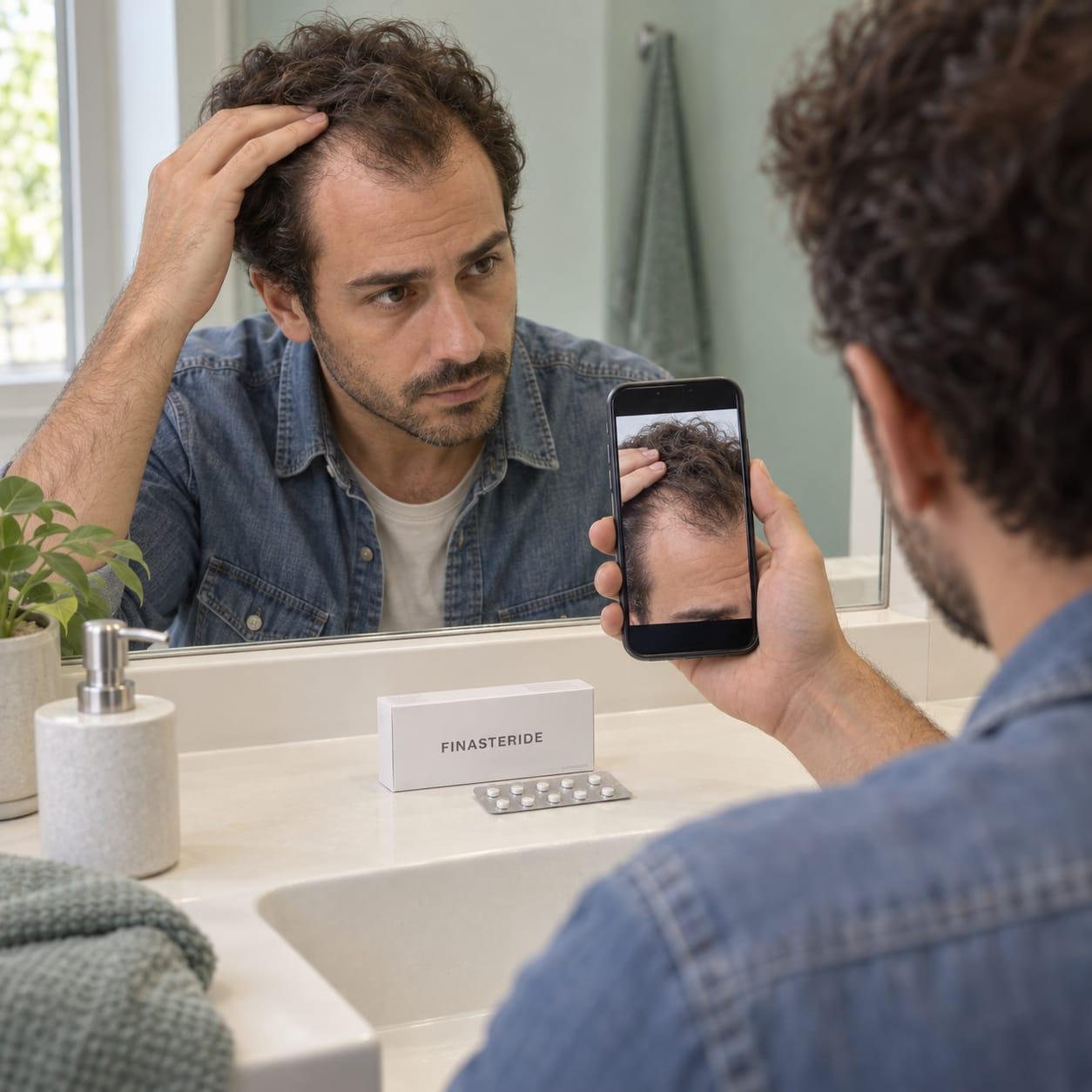 A man looking at his hairline in a mirror and a single phone photograph, beside a generic finasteride pack