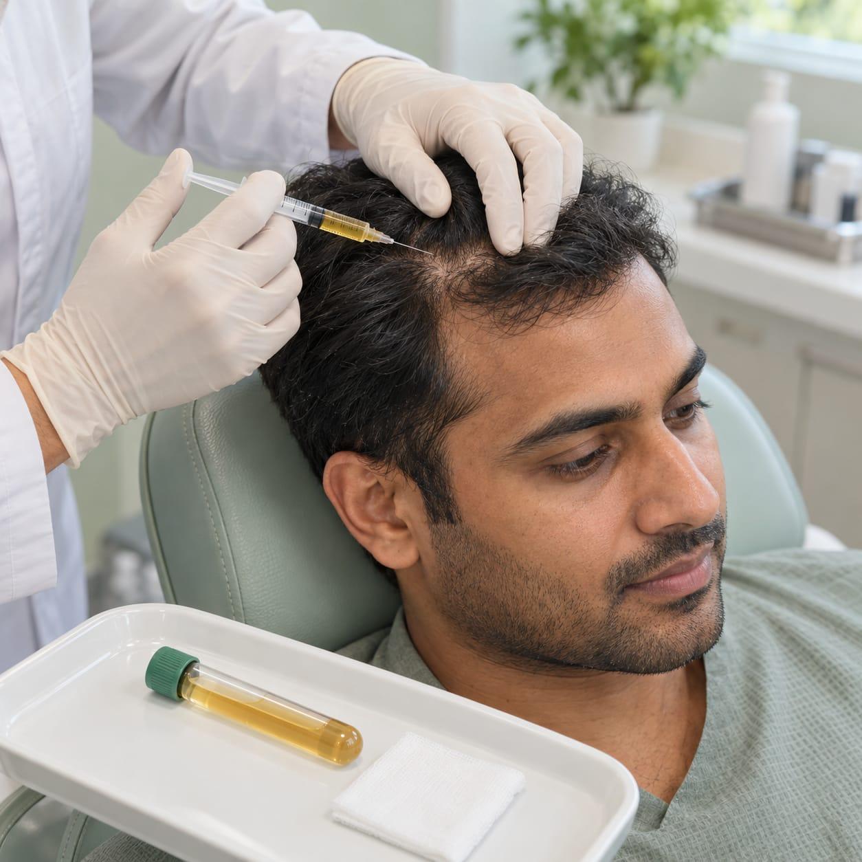 Gloved hands holding a syringe of golden plasma beside a man's parted scalp, with a sealed plasma tube on a tray