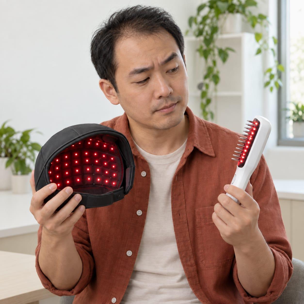 A thoughtful man comparing a hair cap with visible red lights and a red-light comb, one in each hand