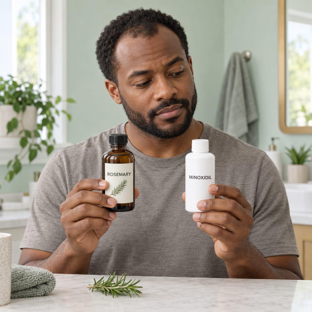 A man comparing separate bottles labelled rosemary and minoxidil, with a rosemary sprig on the counter