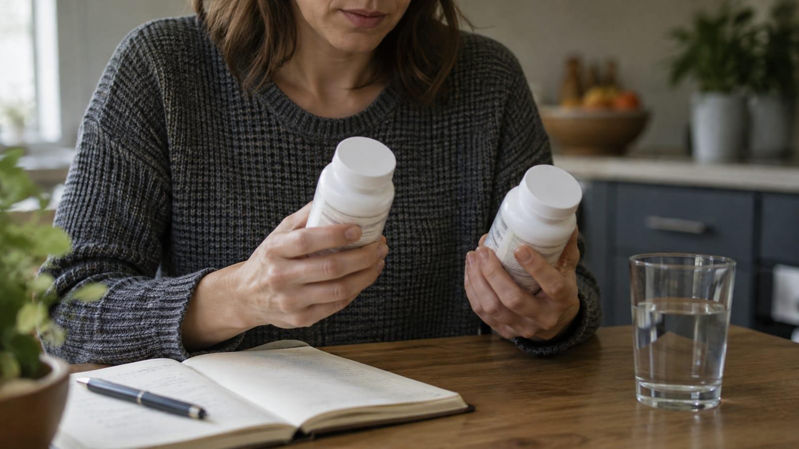 Generated editorial scene of an adult comparing two unbranded supplement bottles beside a notebook and water