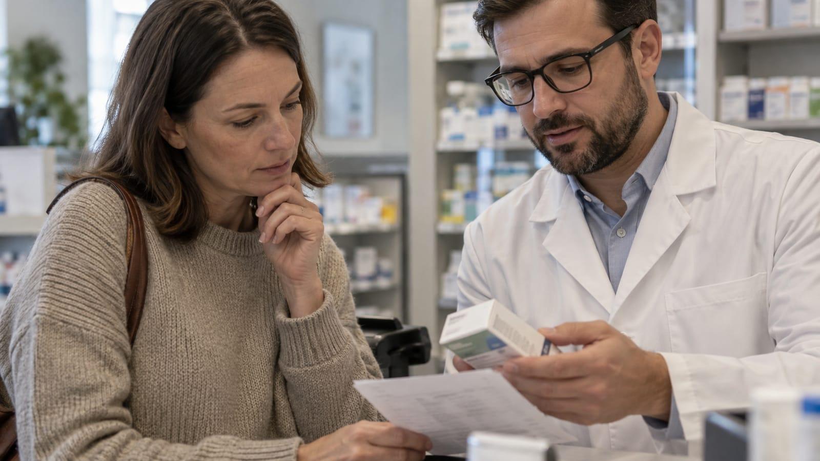 Generated scene of an adult and pharmacist reviewing an unbranded product box and leaflet
