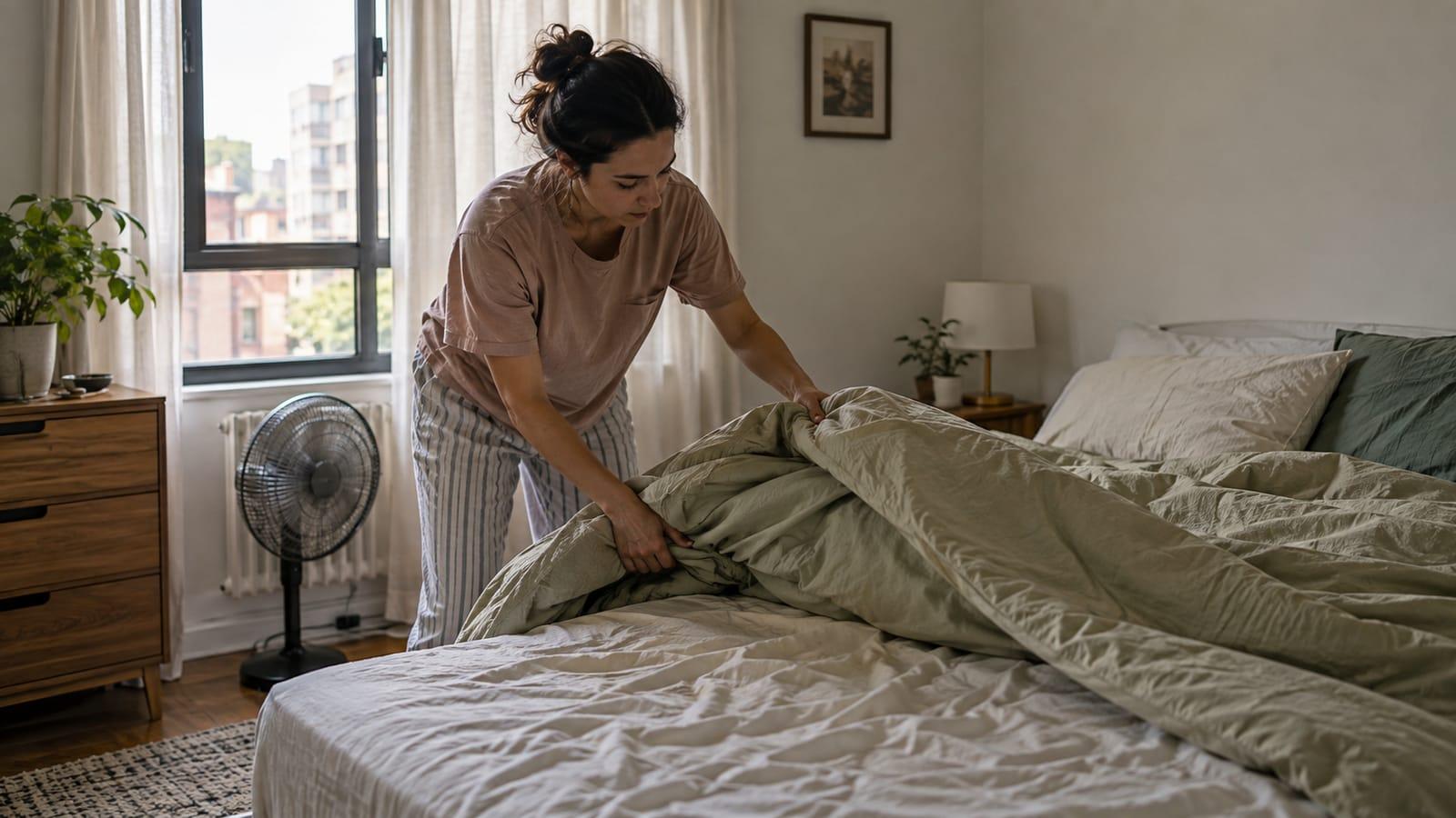 A woman adjusting a duvet on a bed, with a standing fan beside the window