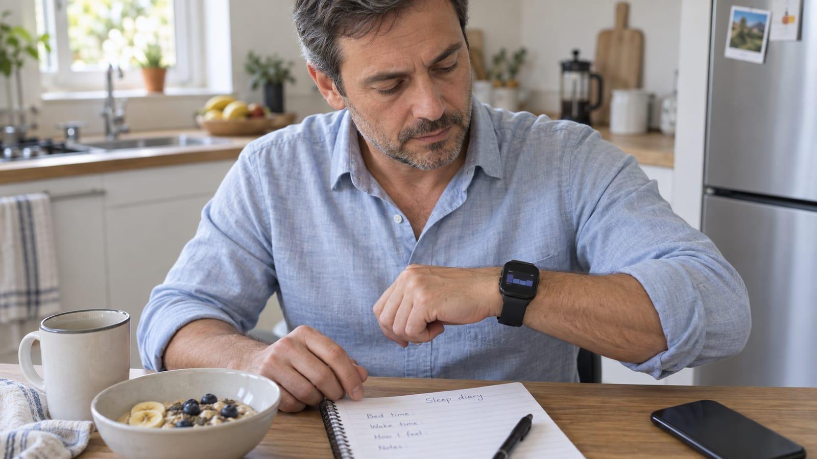 A man comparing an unbranded wrist tracker with a sleep diary at a breakfast table