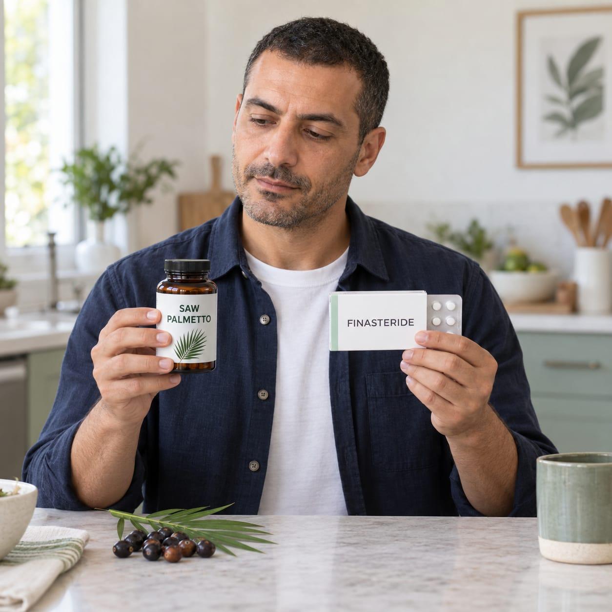 A man comparing a generic saw palmetto bottle with a finasteride pack and tablet blister