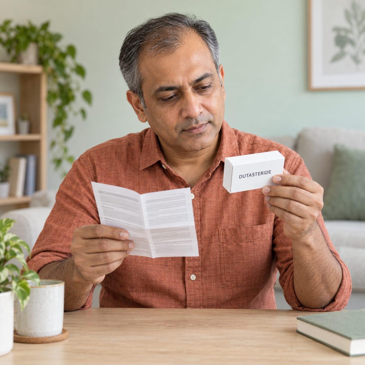 A man examining a generic dutasteride box and an unfolded medicine information leaflet