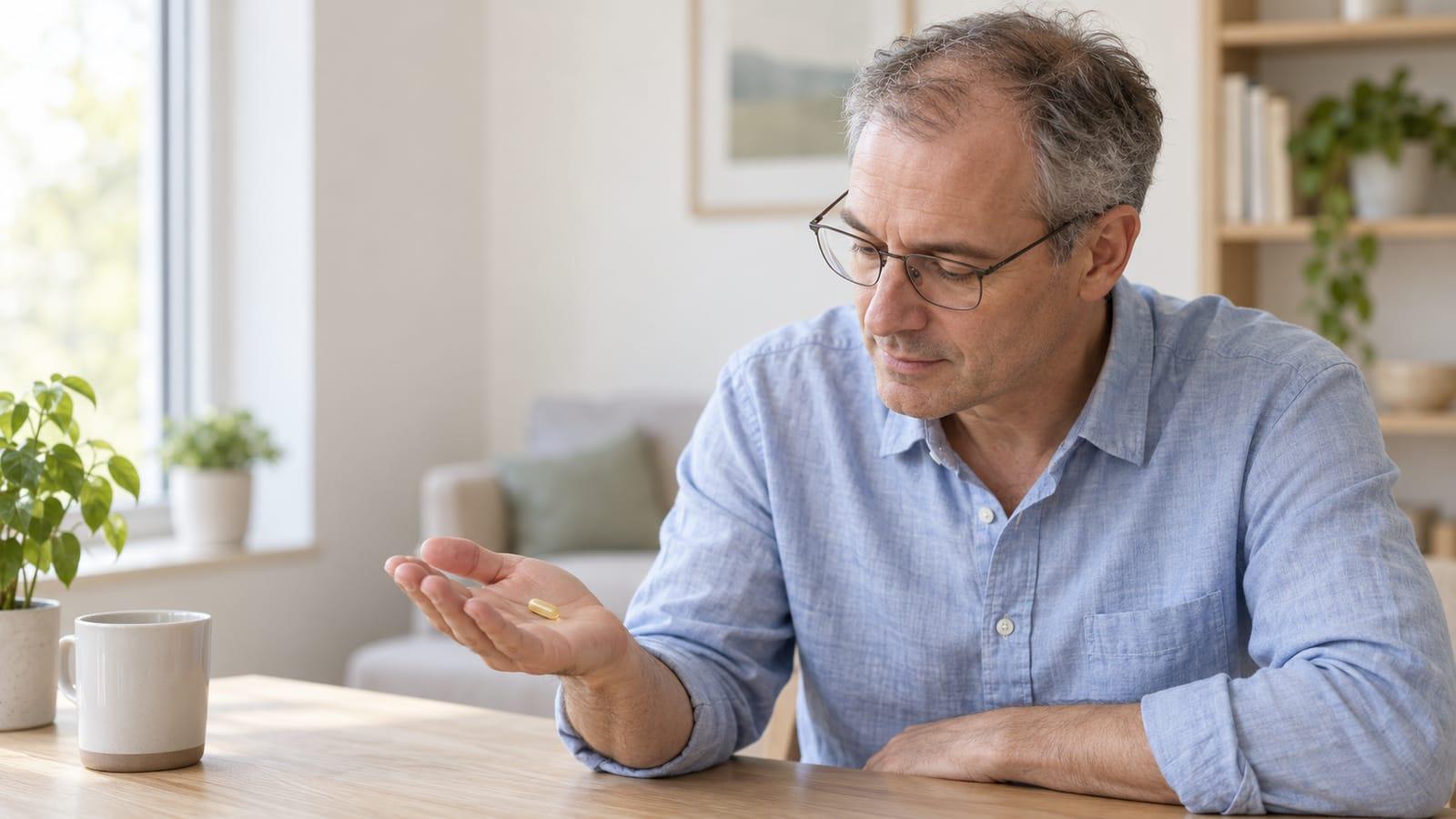 A man sitting by a window looking at a single soft capsule in the palm of his hand
