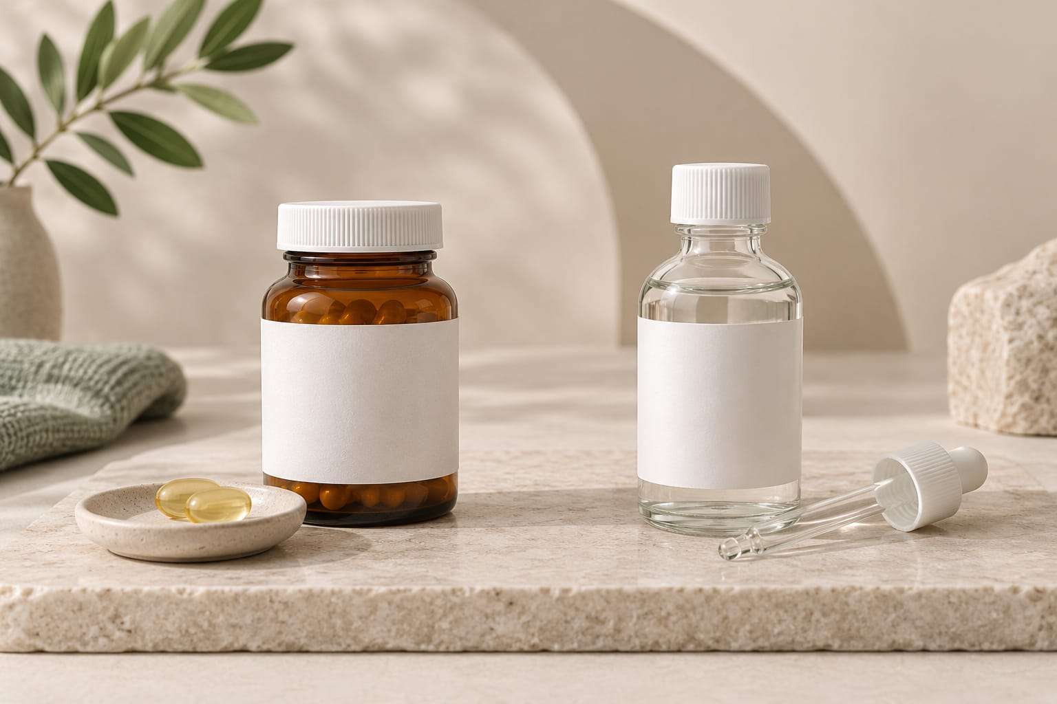 An unbranded amber capsule bottle with two soft capsules in a dish, next to a small glass bottle of clear liquid and a pipette