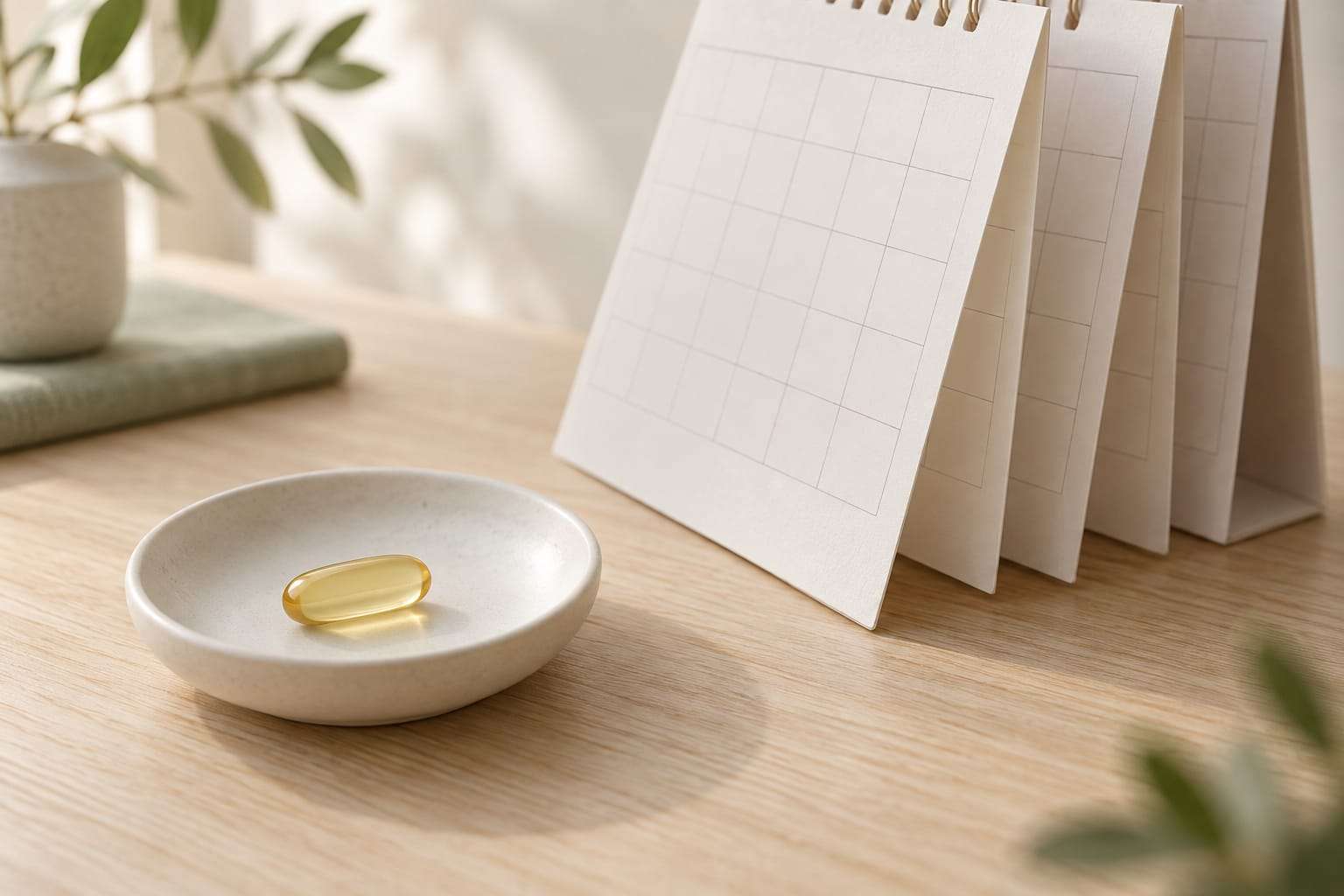 A single soft capsule on a white dish beside a desk calendar with several blank month pages fanned open