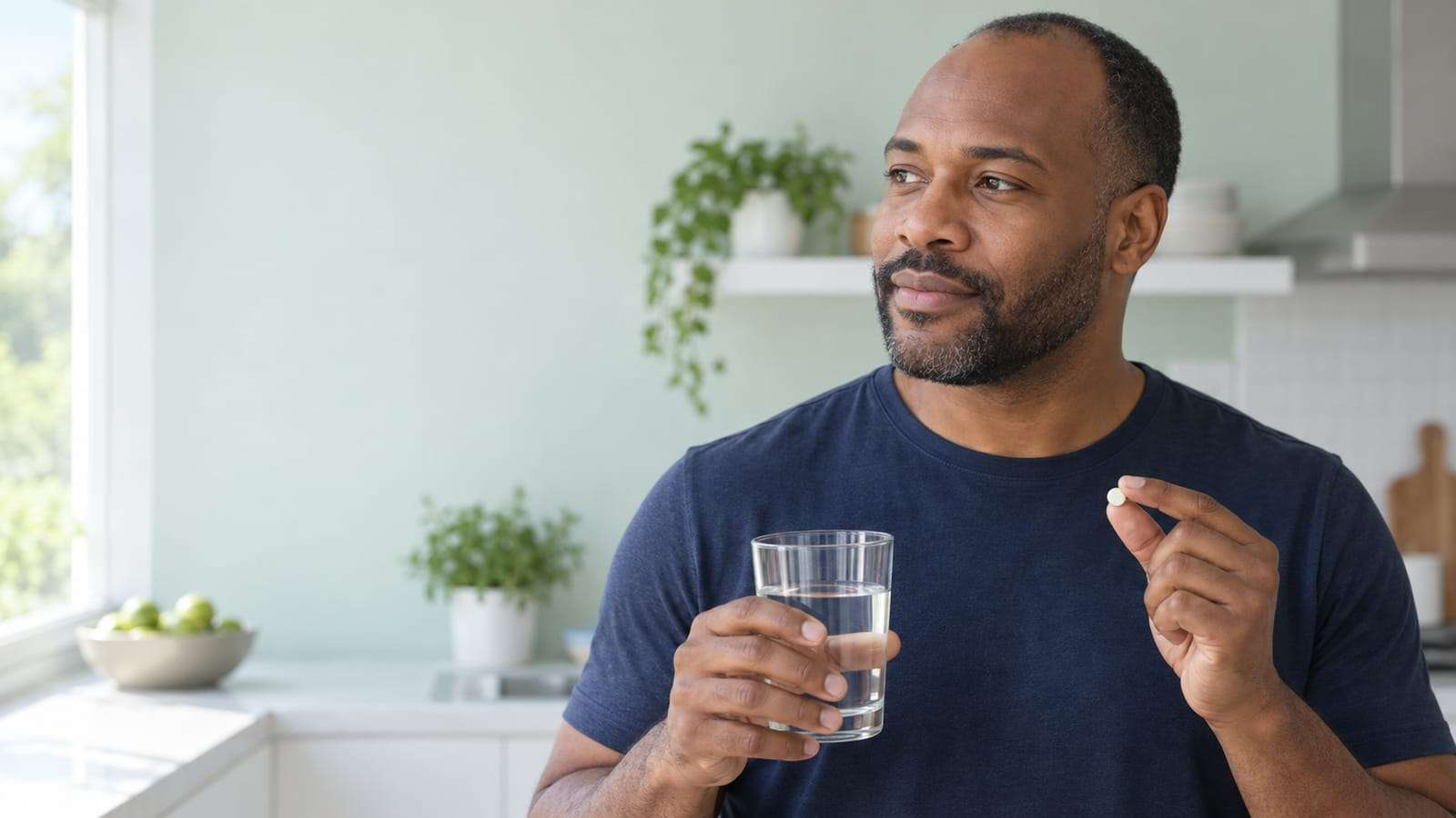 A man in a bright kitchen holding a glass of water in one hand and a single small tablet in the other