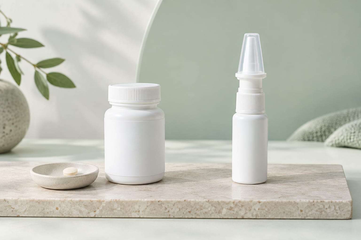 An unbranded tablet bottle with a single tablet in a dish, next to a pump spray fitted with a cone-shaped applicator: the two forms of finasteride