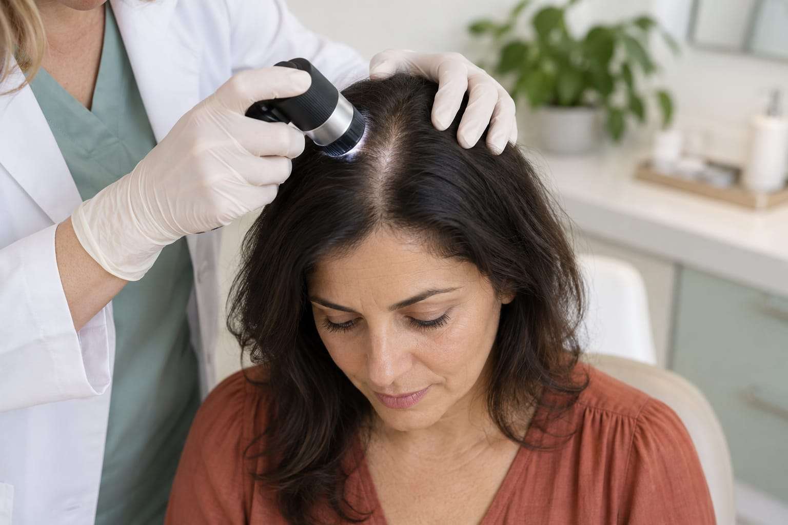 A clinician parts a woman's hair and examines the central scalp with a handheld dermatoscope