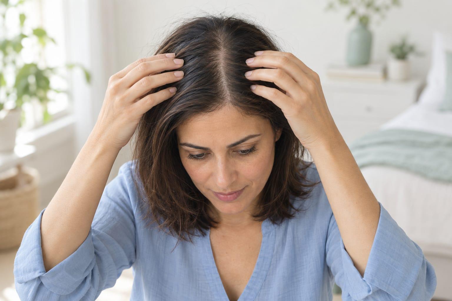 A woman gently separates her hair along a widened central part to examine the top of her scalp
