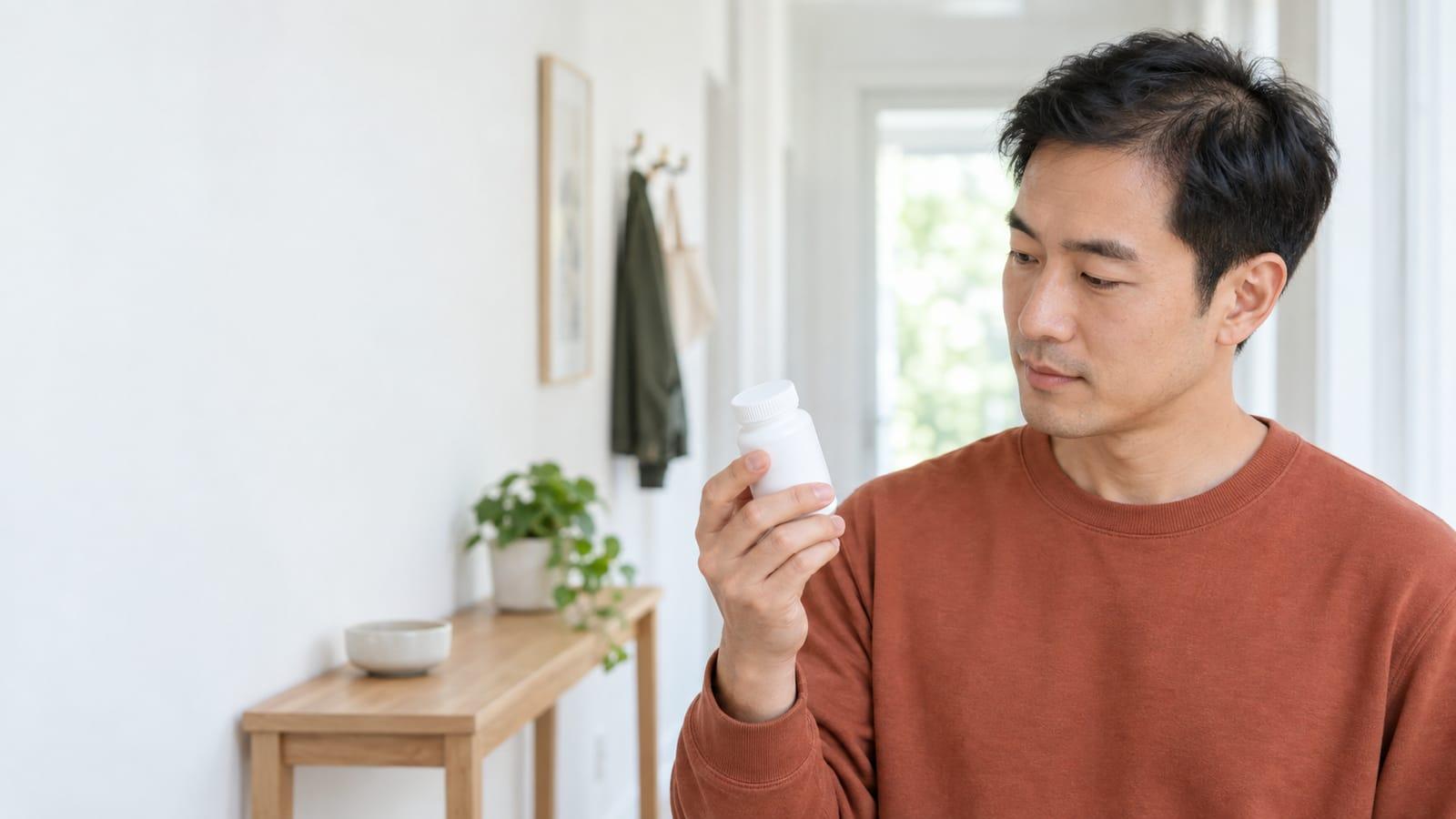 A man in his mid-thirties in a terracotta sweatshirt standing in a bright hallway, calmly reading the side of a small white tablet bottle with a blank label