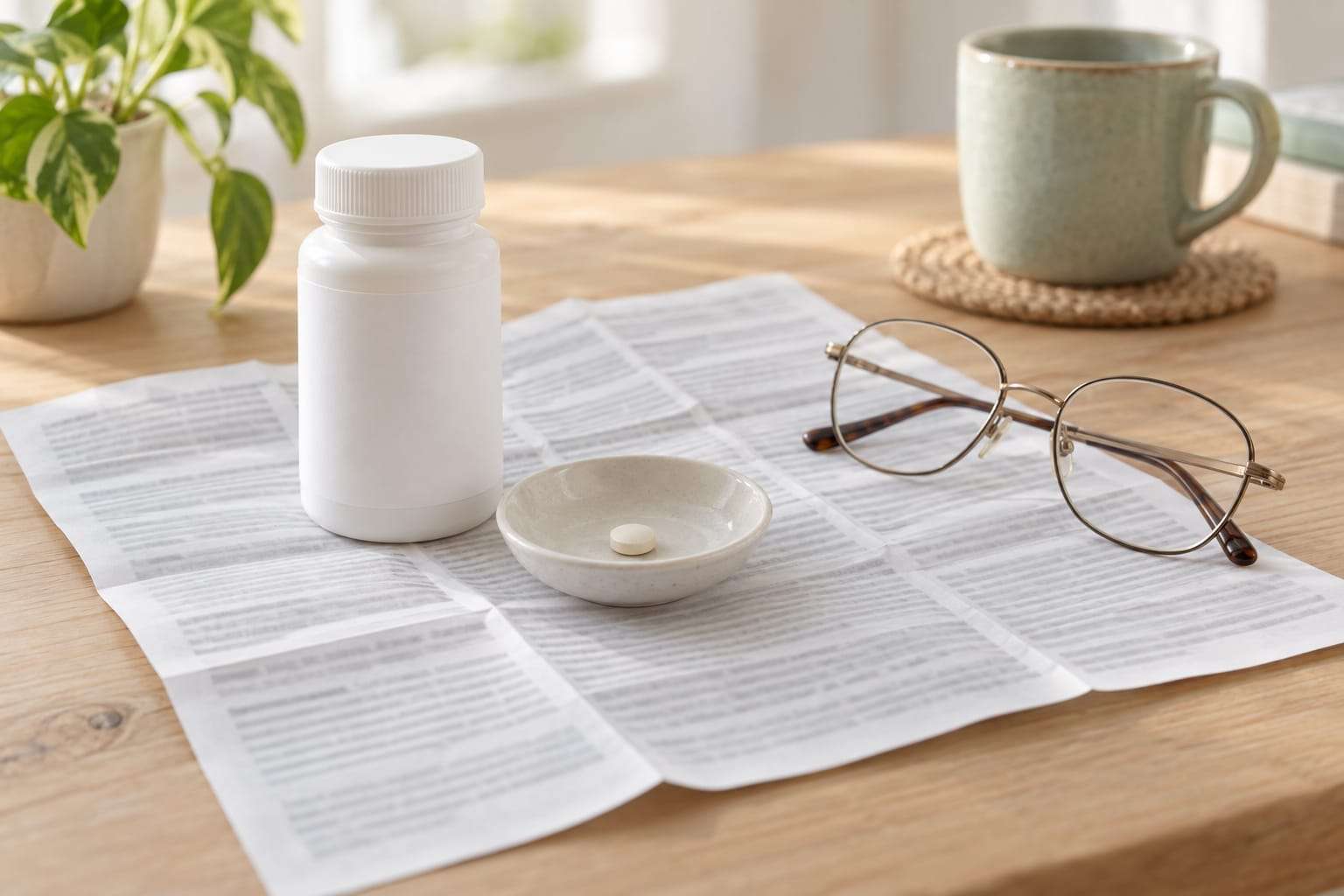 An unfolded package leaflet with print too small to read, lying on a pale wooden table beside a small white tablet bottle with a blank label, one tablet in a dish and a pair of reading glasses