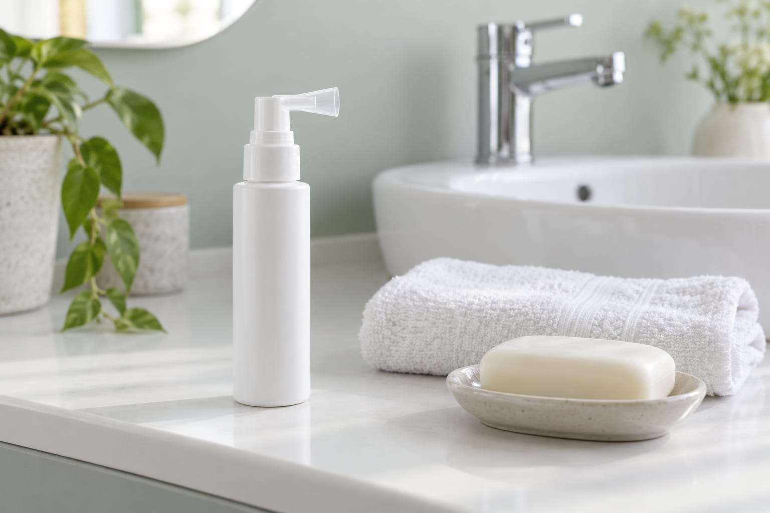 A slim white pump spray with a cone-shaped applicator and a blank label on a bathroom shelf, next to a folded white towel and a bar of soap beside a washbasin