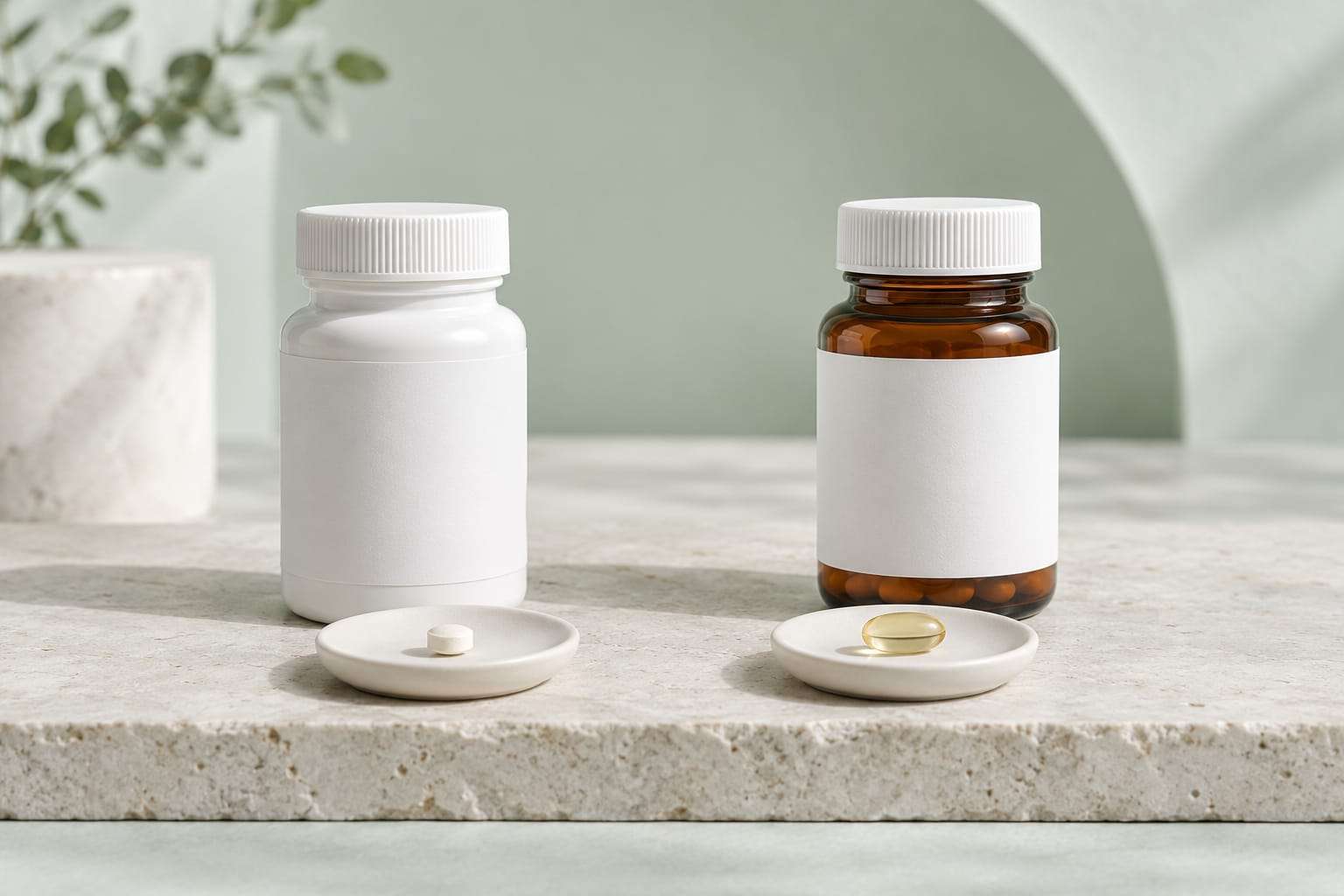 A small round pale tablet on one white dish and an oblong pale-yellow soft capsule on another, each in front of its own unbranded bottle with a blank label