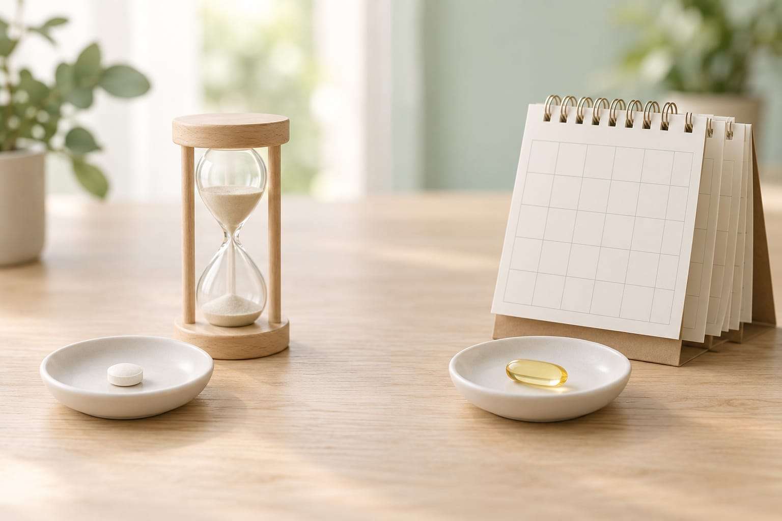 A small round tablet beside a sand hourglass and a soft capsule beside a paper calendar fanned open to several blank month pages