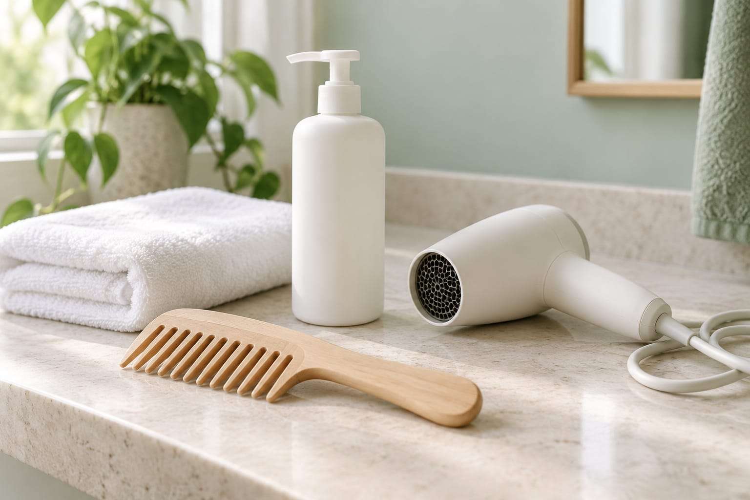A pale wooden wide-tooth comb, a folded white towel, a pump bottle with a blank label and a small hair dryer on a stone bathroom counter