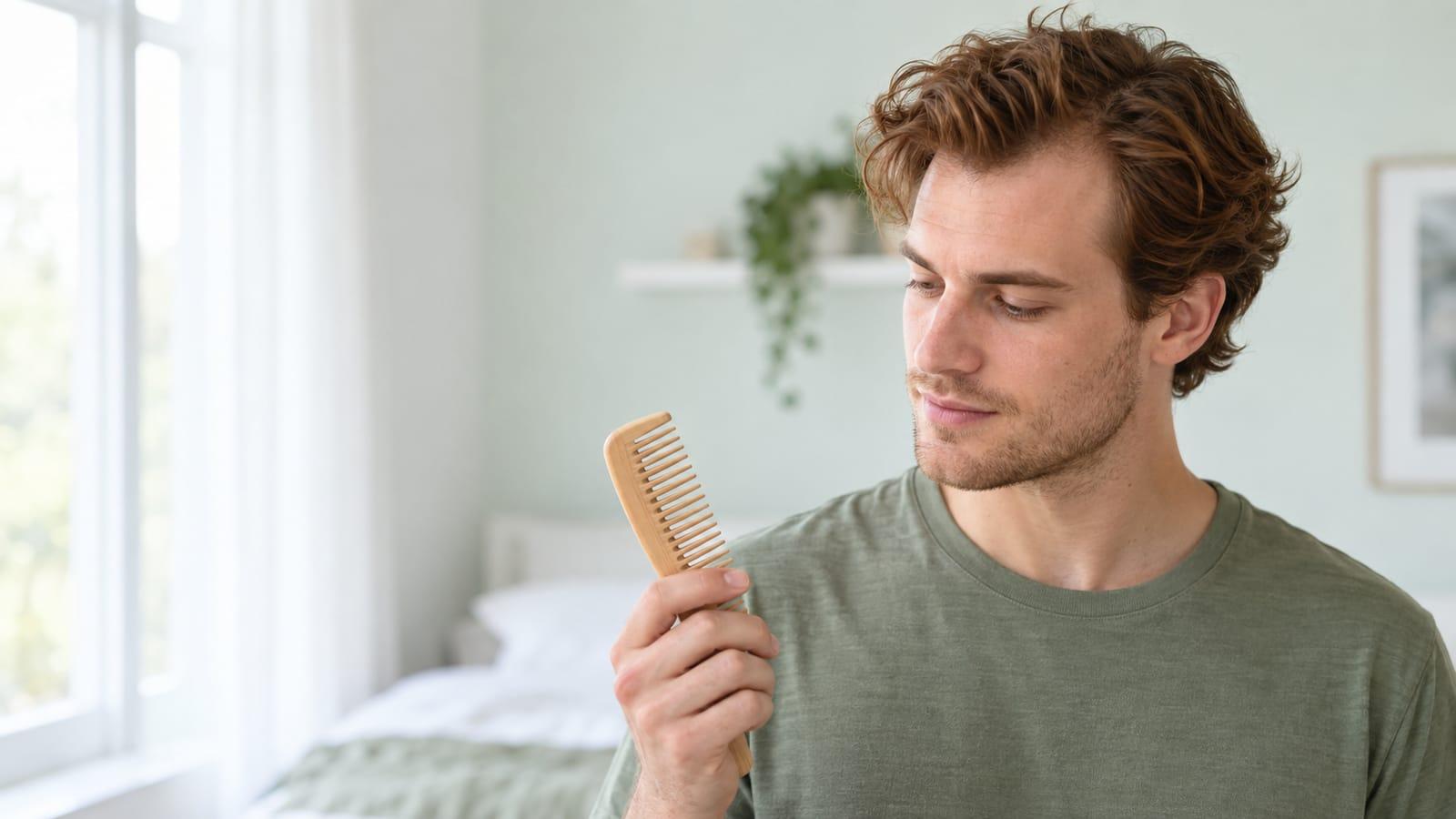 A young man with wavy auburn hair standing by a bright window, calmly looking at a wooden wide-tooth comb in his hand