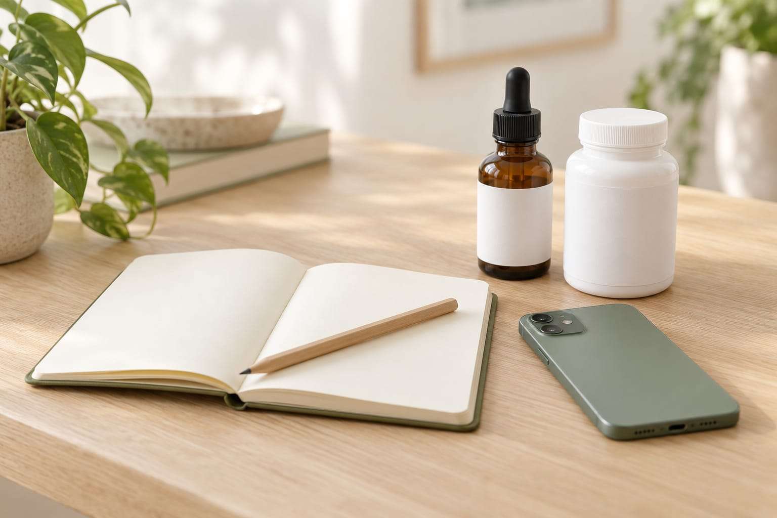 An open notebook with blank pages and a pencil, a phone lying face down and two unbranded bottles with blank labels on a light wooden table