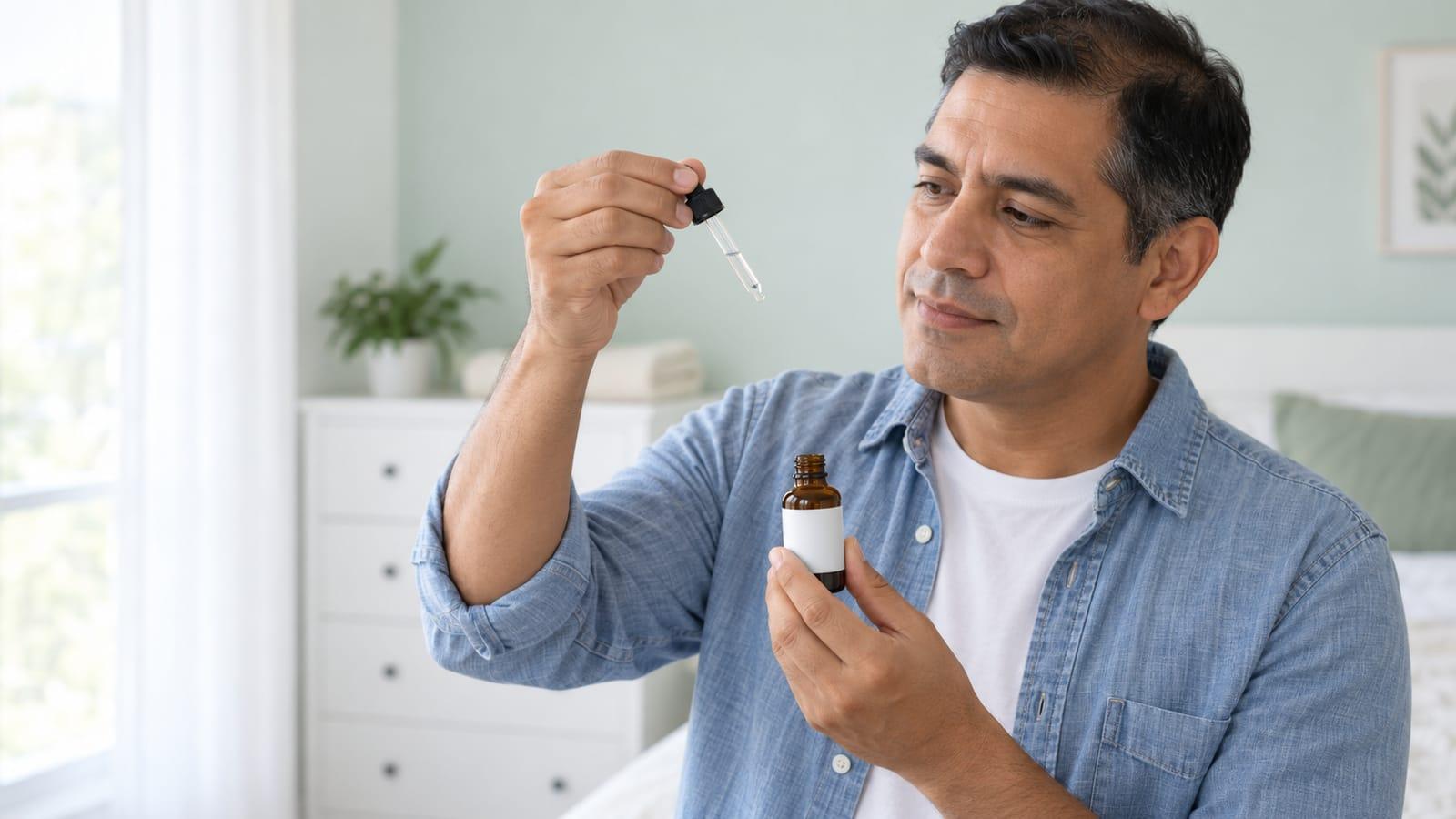 A man in a light denim shirt holding a small amber bottle and looking at the liquid in its glass dropper, in a bright bedroom