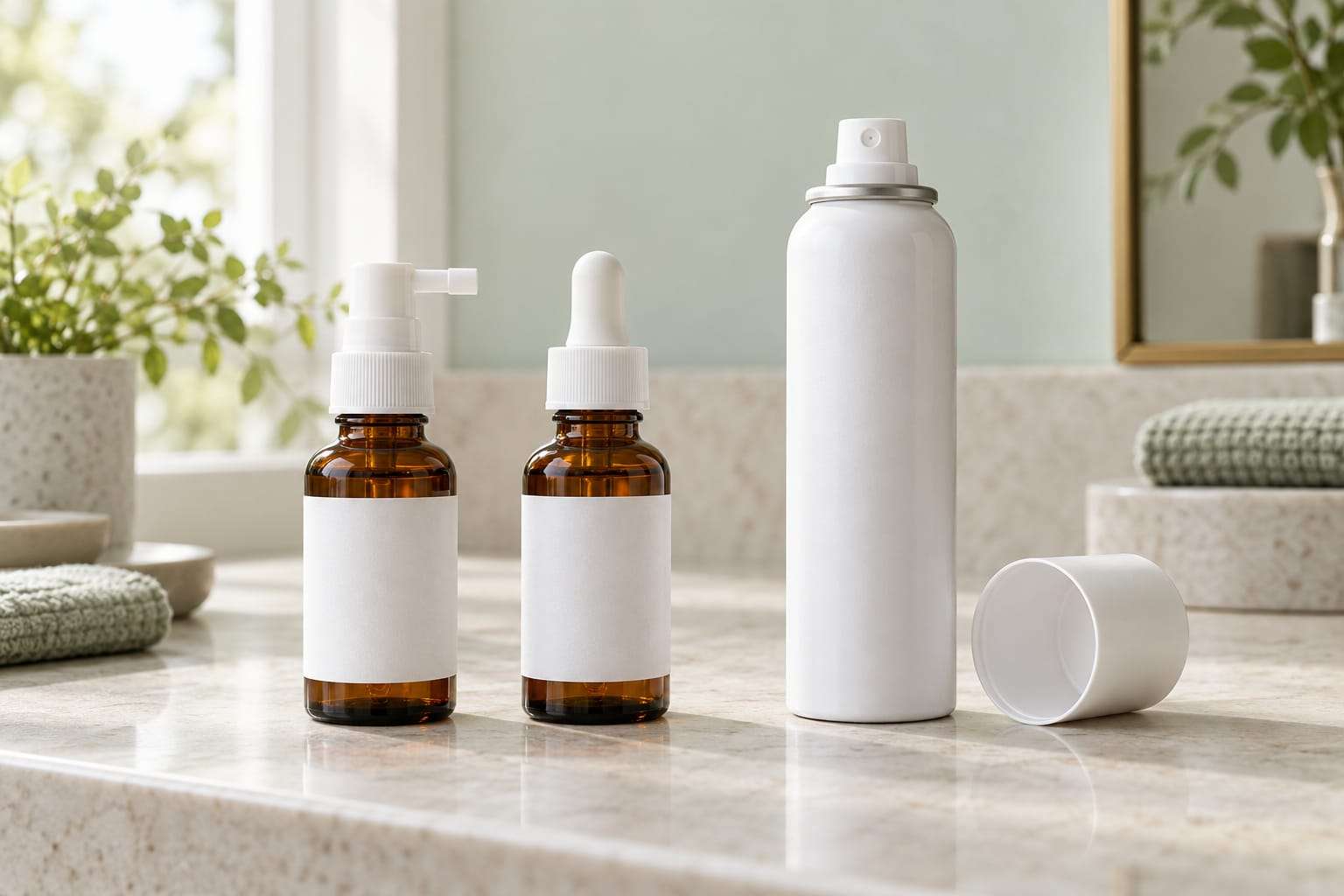 A small amber bottle with a pump spray head, a second amber bottle with a glass dropper and a white foam can with its cap beside it, all with blank labels, on a pale stone counter