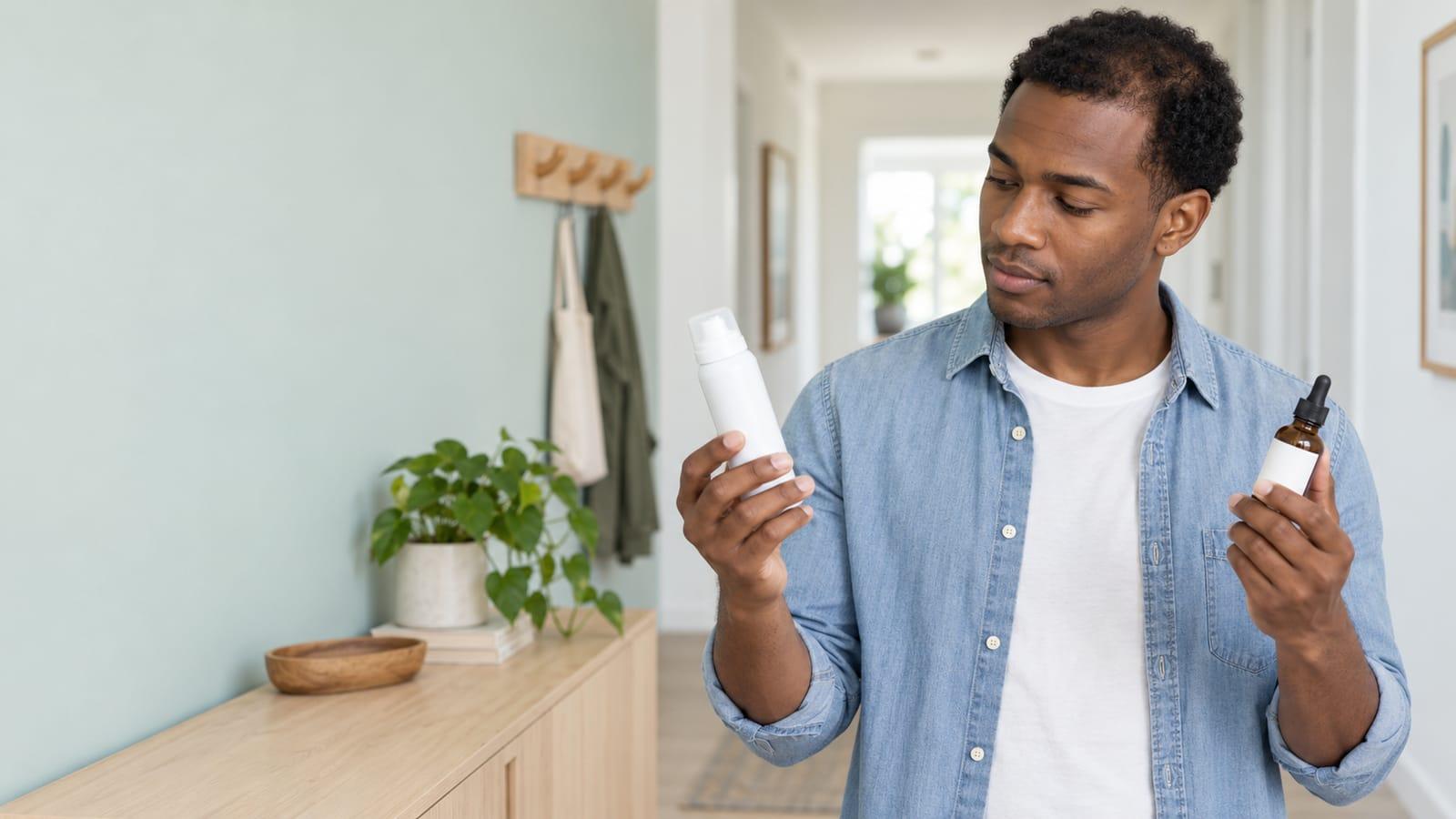 A man in a light denim shirt standing in a bright hallway, holding a white foam can in one hand and a small amber dropper bottle in the other, looking from one to the other