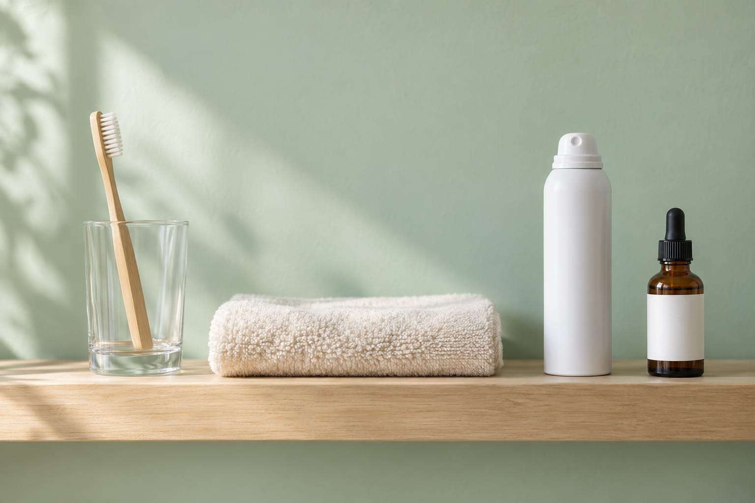 A white foam can and a small amber dropper bottle with blank labels standing apart on a bathroom shelf, next to a toothbrush in a glass and a folded towel