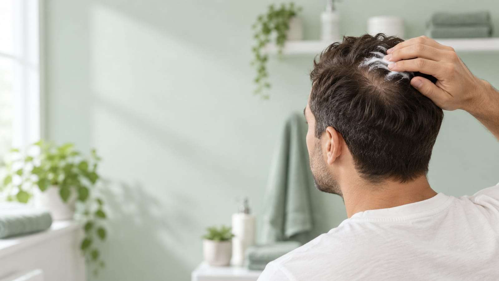 A man seen from behind working a small amount of white foam into the crown of his hair in a bright bathroom