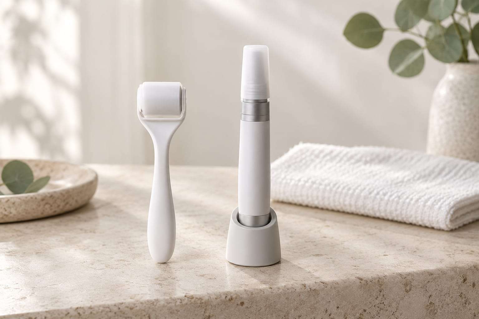 A small hand-held derma roller with its protective cap on, next to a capped pen-shaped microneedling device on a pale stone surface