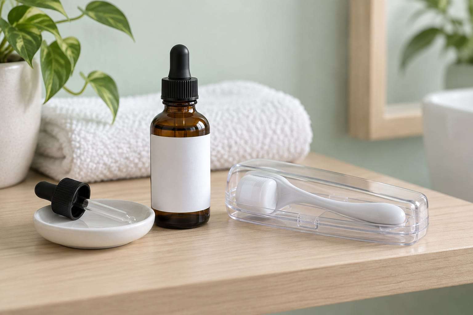 An amber glass dropper bottle with a blank label standing next to a capped derma roller in its clear case on a pale wooden shelf