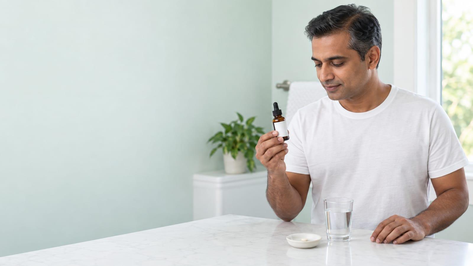 A man in his mid-forties at a bathroom counter holding a small amber dropper bottle, with a single tablet on a white dish and a glass of water beside him