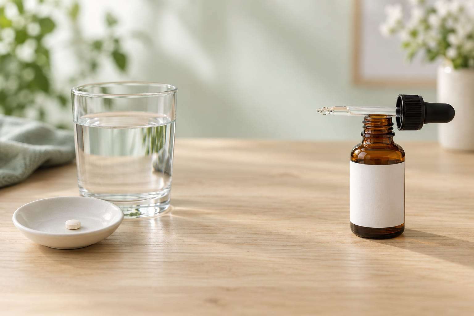 A single small round tablet on a white dish beside a glass of water, and next to them an amber dropper bottle with its glass pipette resting across the top, on a pale wooden surface
