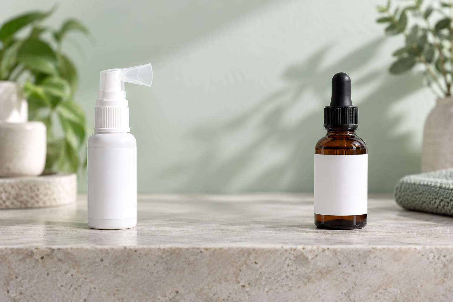 A small white pump spray bottle with a cone-shaped applicator and an amber glass dropper bottle, both with blank labels, standing apart on a pale stone shelf