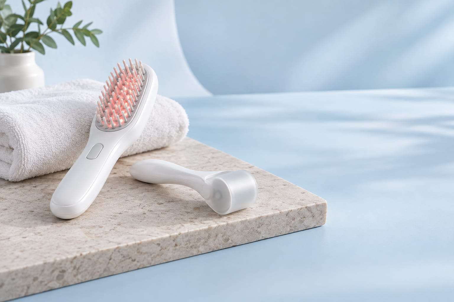 A generic white light-therapy comb and a capped derma roller resting on a stone slab beside a folded towel