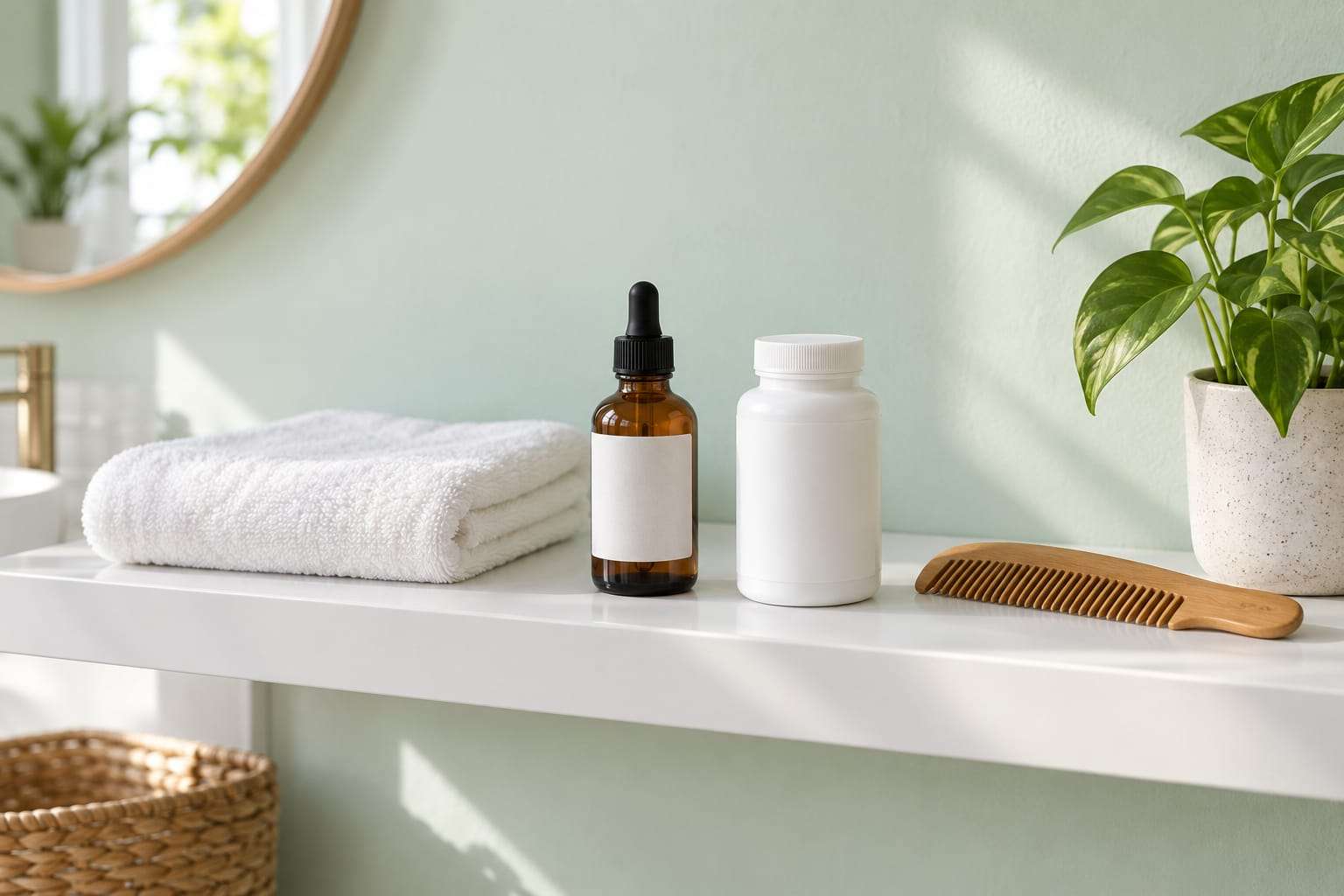 A bathroom shelf with one dropper bottle, one tablet bottle, a folded towel and a comb