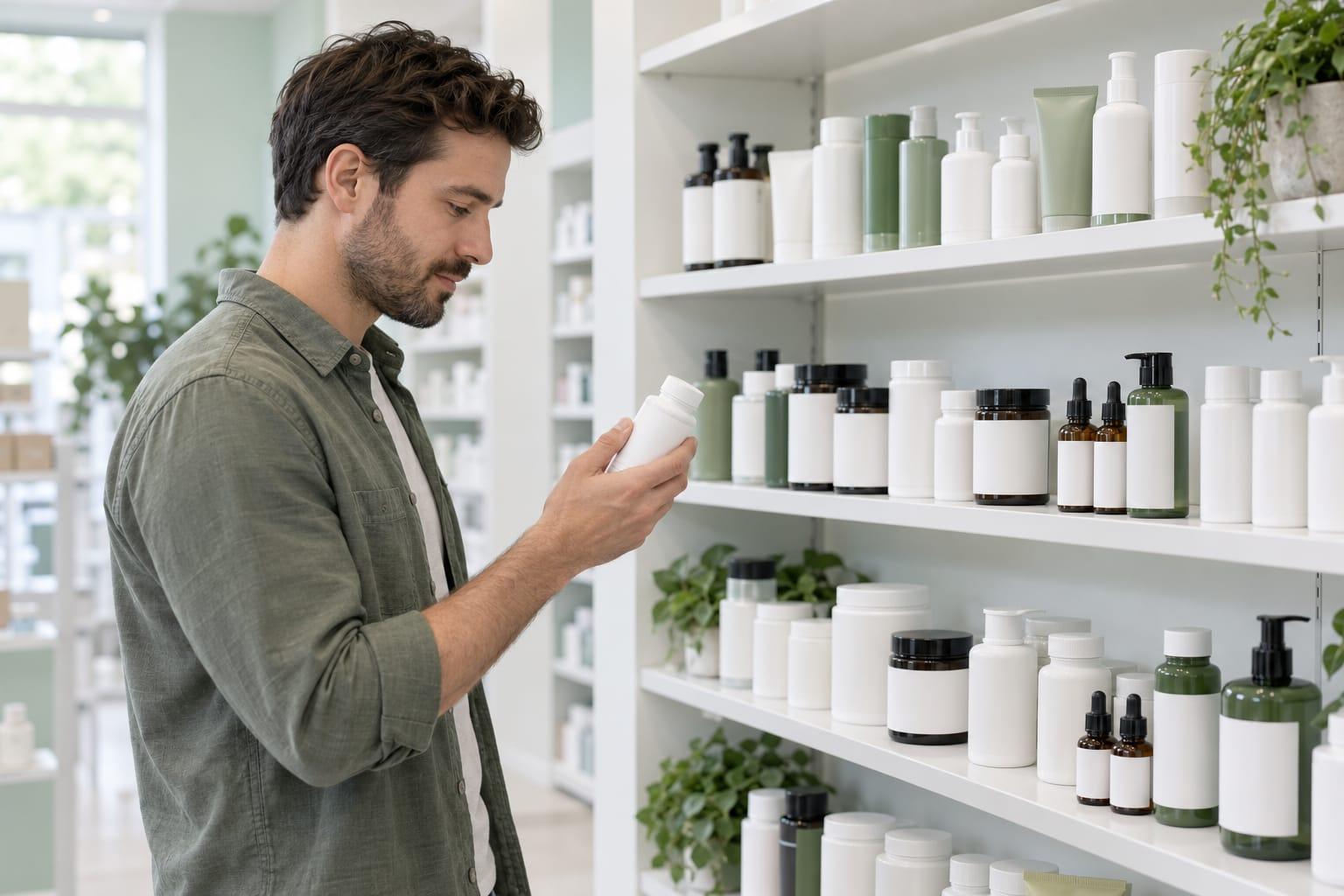 A man reading an unbranded bottle in front of a pharmacy shelf full of hair products with blank labels